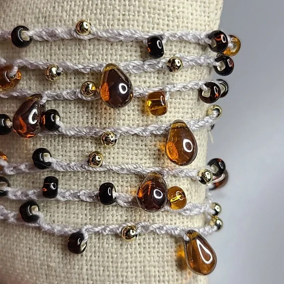 Women's Wrap Bracelet Light Gray Gold Brown Beads Handmade Crochet Everyday Cute - Picture 5 of 6